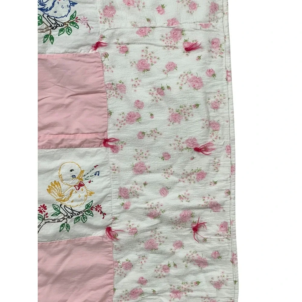 Vintage‎ Baby Quilt Pink Floral Embroidered Song Birds Cottagecore Nursery 32x43